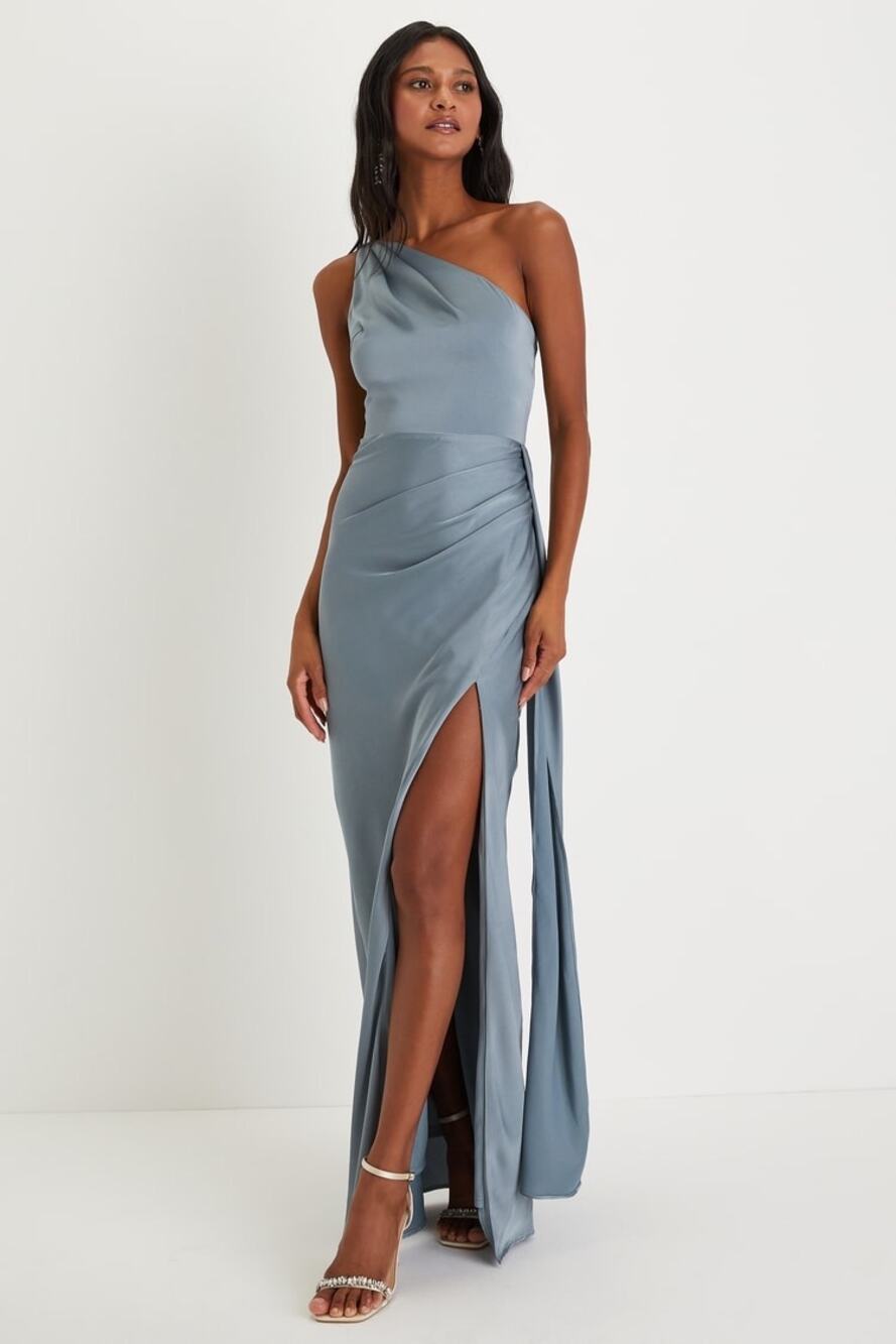 NWT Lulus Signature Elegance Slate Blue Satin One-Shoulder Maxi Dress Banquet XS